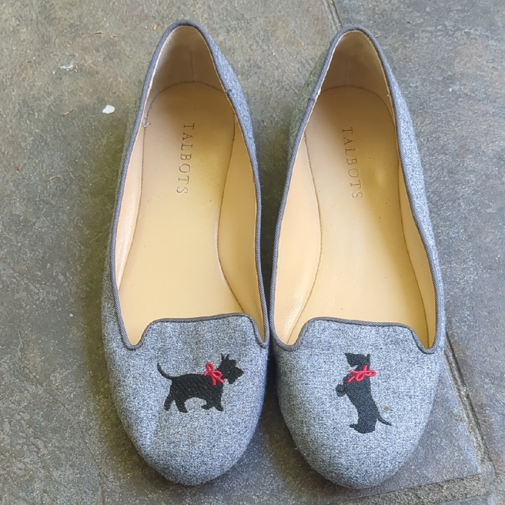 Talbots Gray and Black Flats with Scottie Dog Embroidery 6.5 Medium